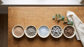 Five bowls of different cat litter types arranged in a row, comparing plant, clay, silica, paper and wood litters