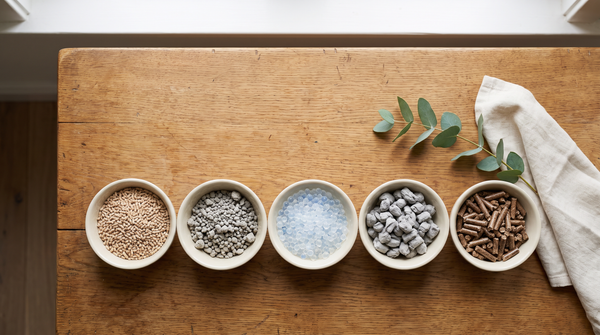 Five bowls of different cat litter types arranged in a row, comparing plant, clay, silica, paper and wood litters