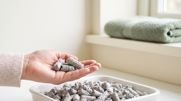 A hand holding soft recycled paper cat litter pellets above a tray in a bright laundry room