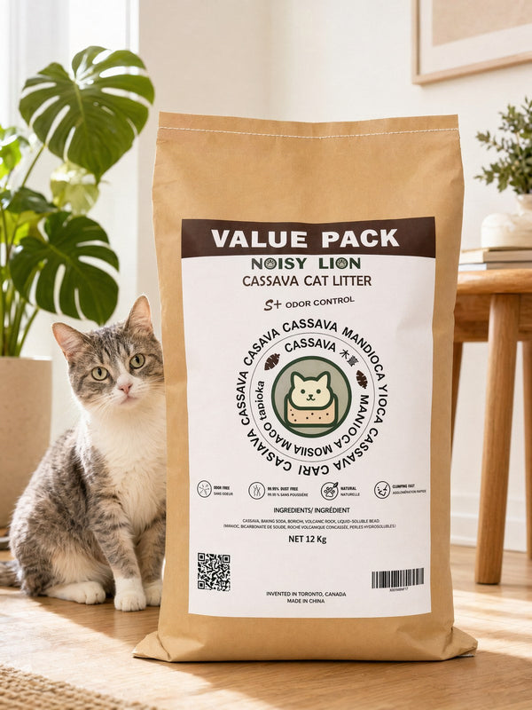 Noisy Lion unscented cassava cat litter in a 12 kg value bag