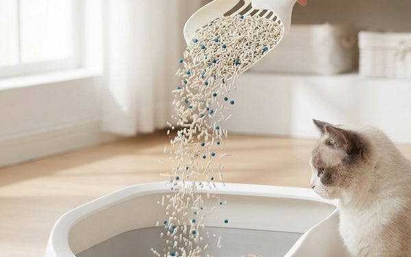 Pouring Noisy Lion litter into a clean box with a cat watching — litter box care and training