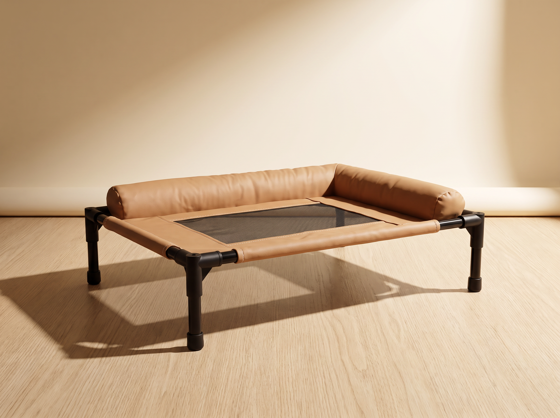 Breeze Cot elevated cat bed in sand vegan leather — studio view on oak floor