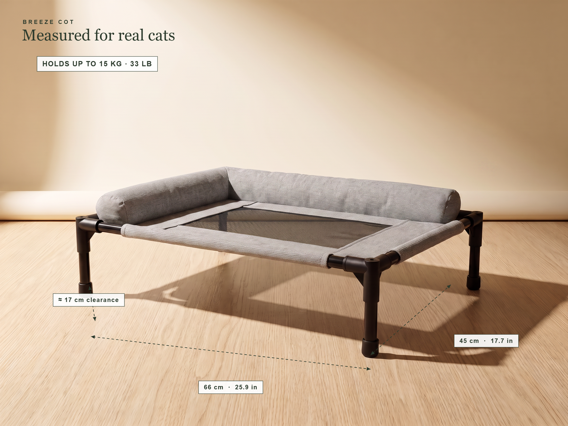 Breeze Cot grey dimensions — 66 by 45 cm, 17 cm clearance, holds up to 15 kg