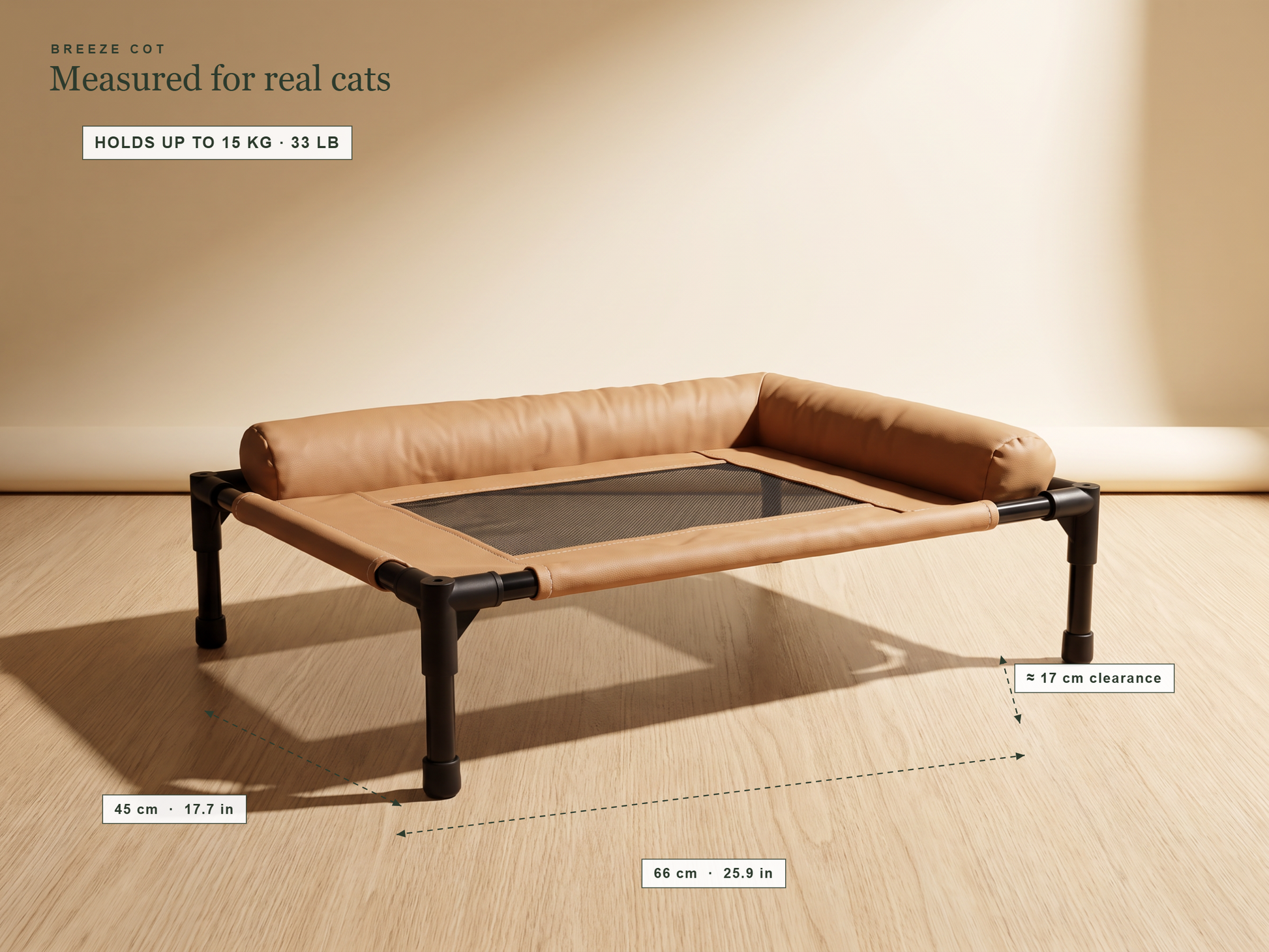 Breeze Cot dimensions — 66 by 45 cm, 17 cm clearance, holds up to 15 kg