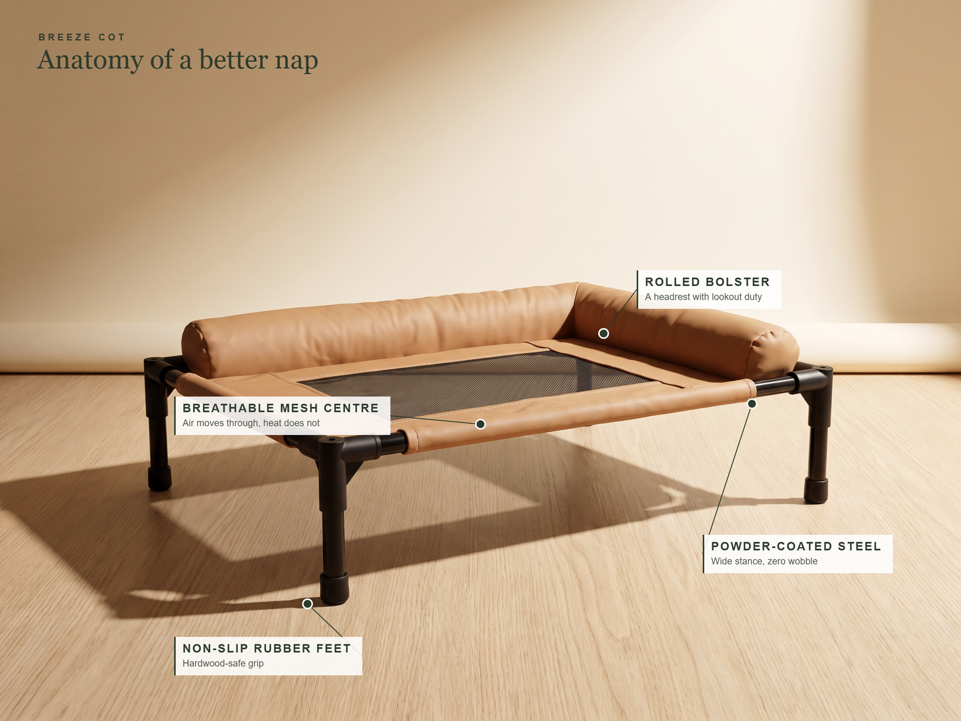 Breeze Cot sand — feature callouts: rolled bolster, breathable mesh, steel frame, non-slip feet