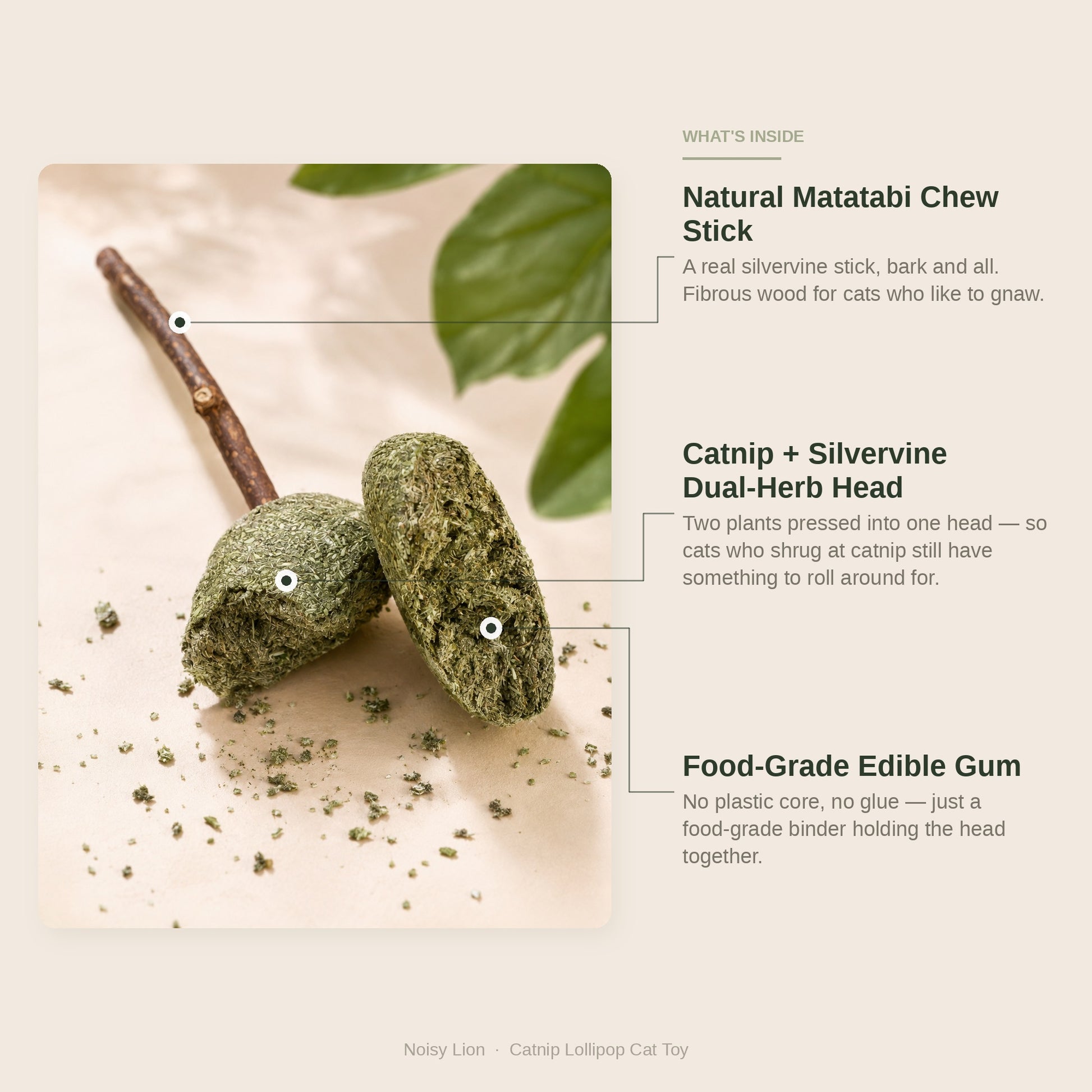 What's inside a Noisy Lion Catnip Lollipop: catnip and silvervine dual-herb head, natural matatabi chew stick, and food-grade edible gum with no plastic and no glue