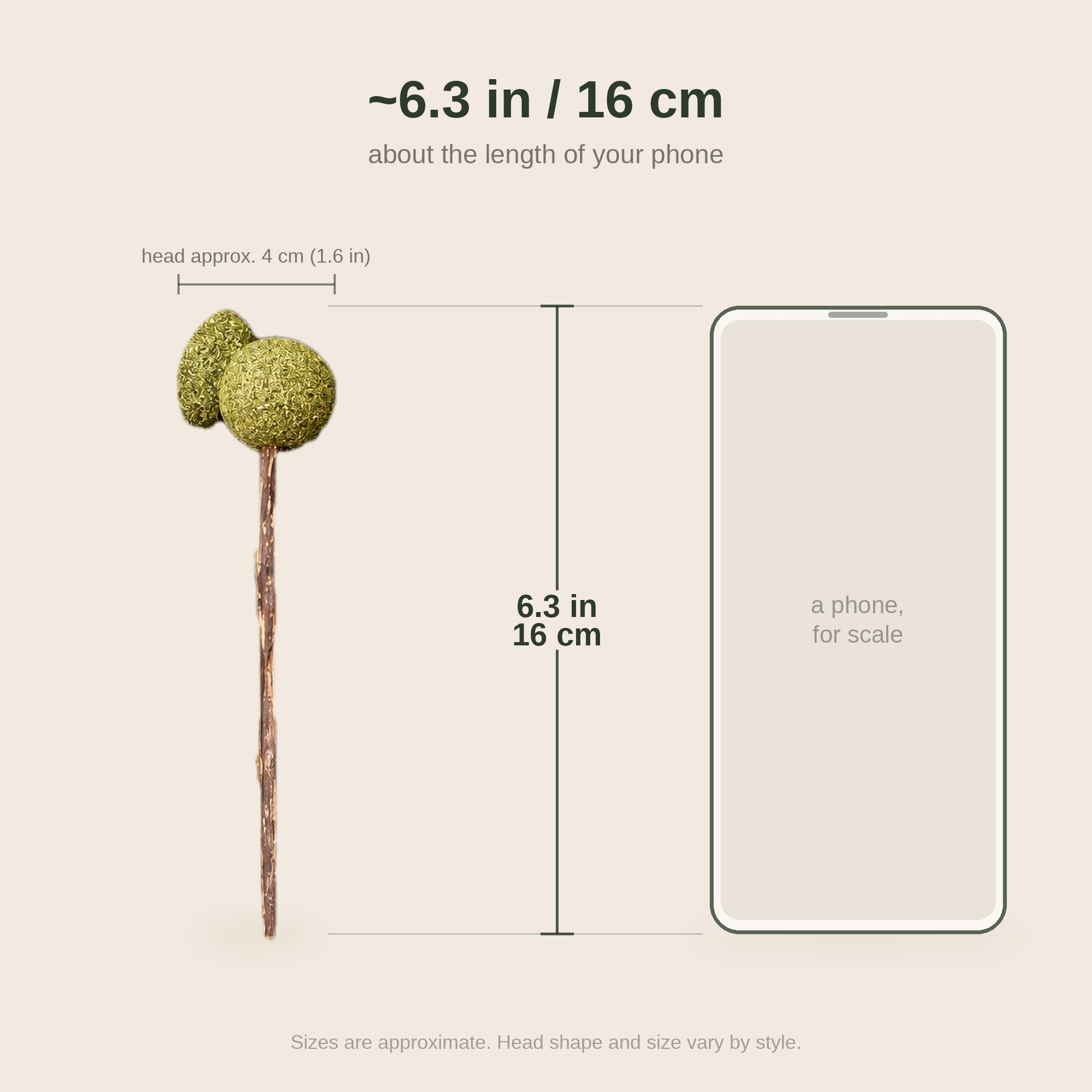 Size comparison: the Catnip Lollipop cat toy is about 6.3 in / 16 cm long, roughly the length of a phone, with a head about 4 cm across