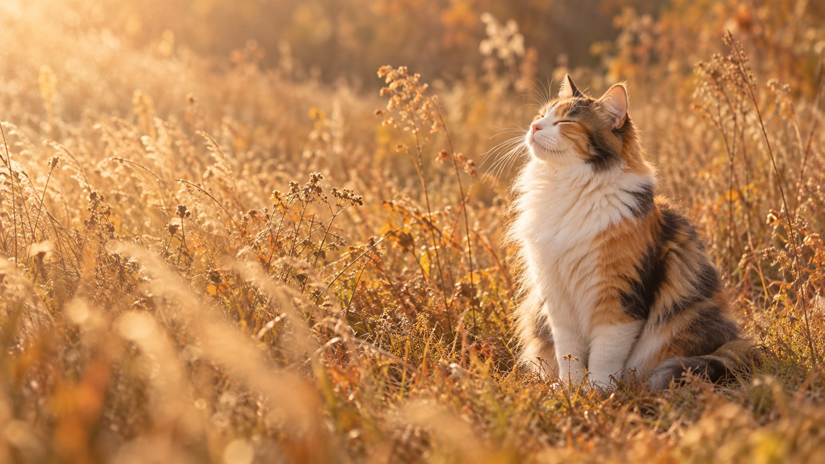 Long-haired cat sitting in tall grass, eyes closed, breathing in fresh air